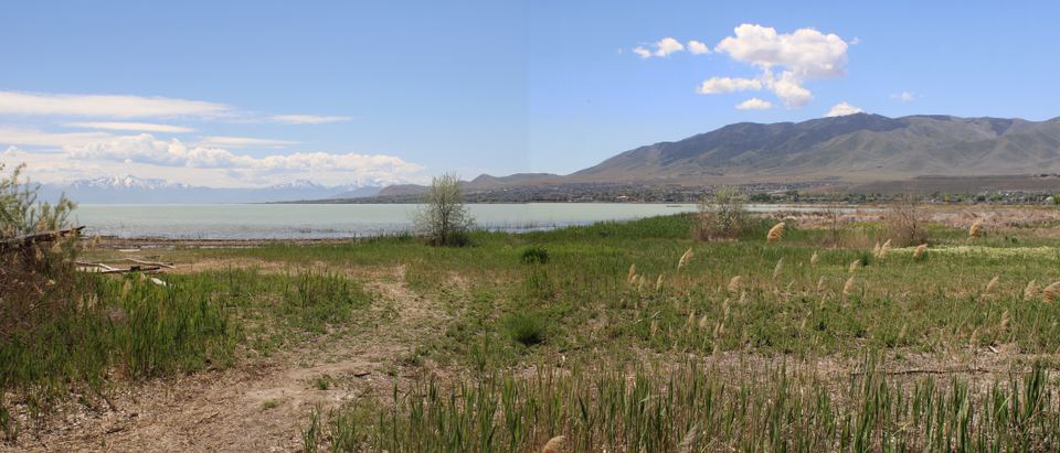 Utah Lake and the Lake Mountains viewed from the Jordan River Parkway Trail; regional landscape